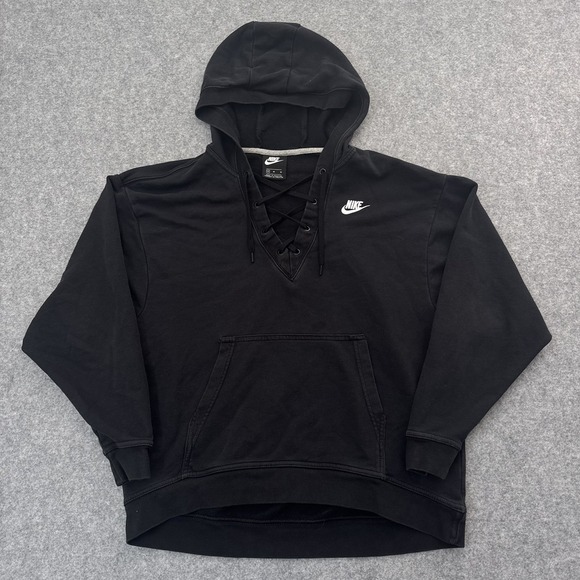 Nike Tops - Nike Sportswear Club Lace-Up Hoodie Women's Size Medium Black Pullover- Nike